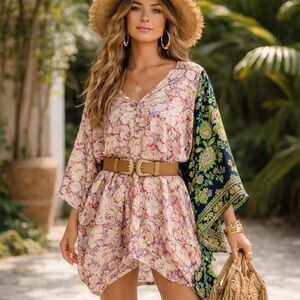 Kantha Bae Boho Tunic Dress Free Size Lightweight Semi-Sheer Artisan Print